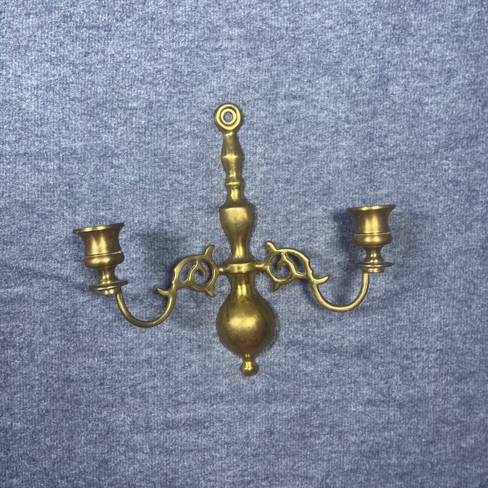 Vintage Solid Brass Wall Sconce Double Arm Candle Holder Made in England Scroll